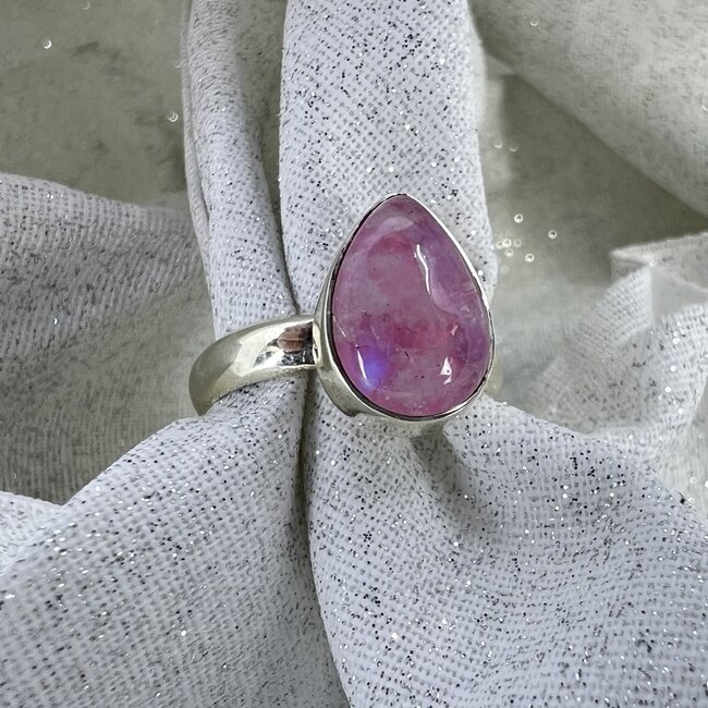 Pink Moonstone Rings - Size 6 Teardrop Pear Bezel Set - Sterling Silver