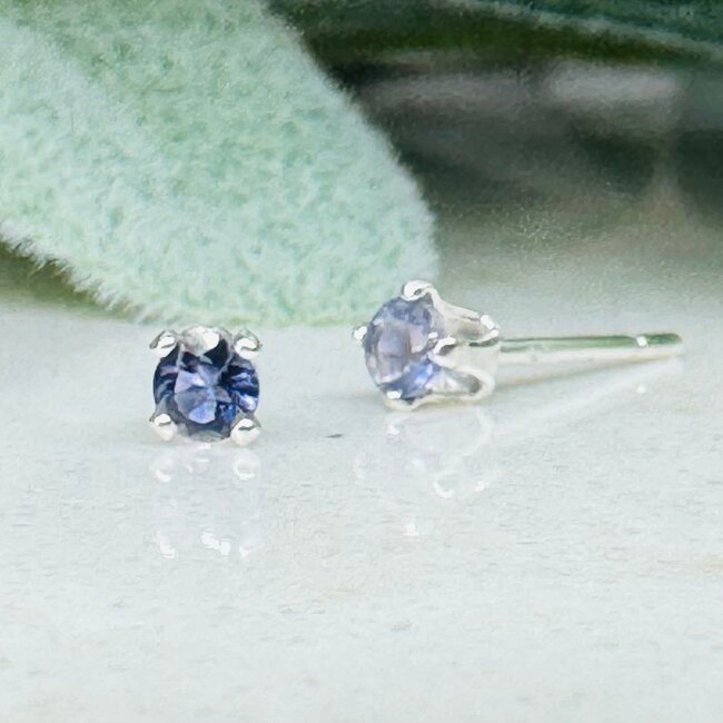 Iolite (Water Sapphire) 3mm Stud Faceted - Claw Prong Set Sterling Silver
