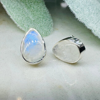Rainbow Moonstone Earrings - Teardrop Pear Studs Bezel Set - Sterling Silver
