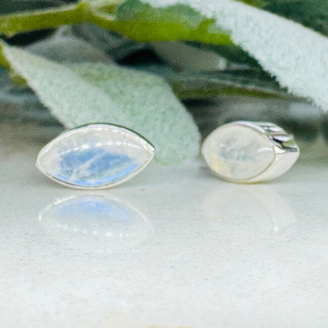 Rainbow Moonstone Earrings - Marquise Studs Bezel Set - Sterling Silver