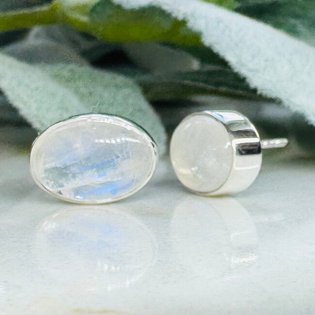 Rainbow Moonstone Earrings - Oval Studs Bezel Set - Sterling Silver