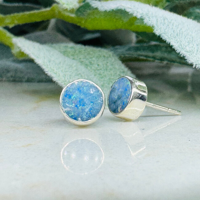 Australian Opal Earrings - Round Circle Studs Bezel Set - Sterling Silver