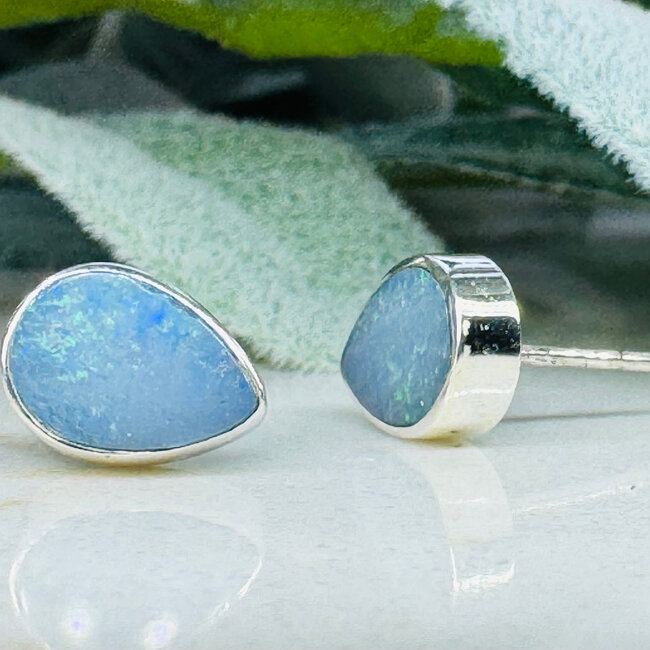 Australian Opal Earrings - Teardrop Pear Studs Bezel Set - Sterling Silver