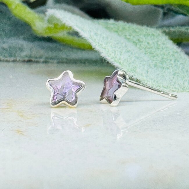 Amethyst Earrings - Star Studs Bezel Set - Sterling Silver