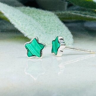 Malachite Earrings - Star Studs Bezel Set - Sterling Silver