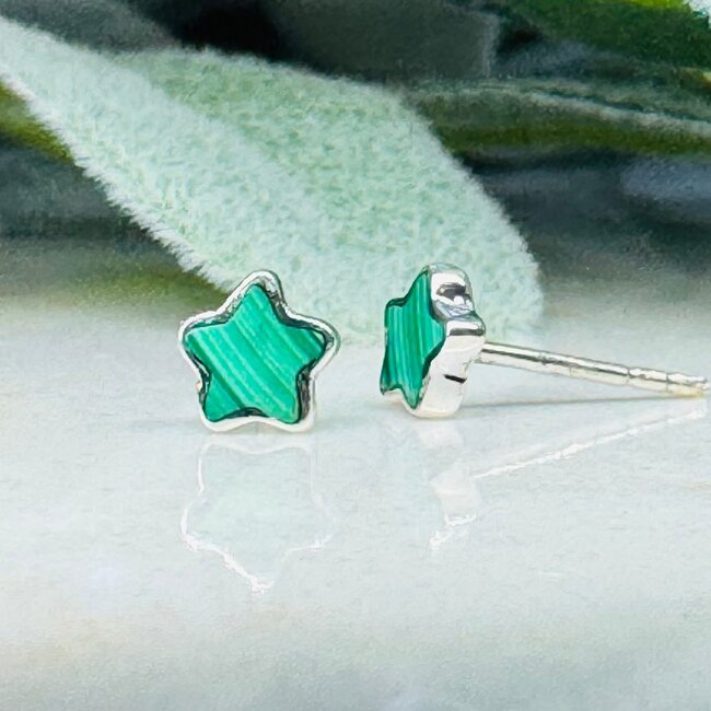 Malachite Earrings - Star Studs Bezel Set - Sterling Silver