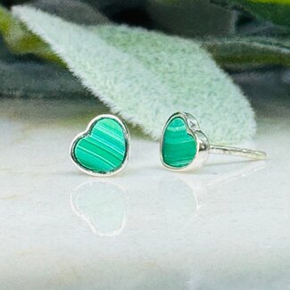 Malachite Earrings - Hearts Studs Bezel Set - Sterling Silver