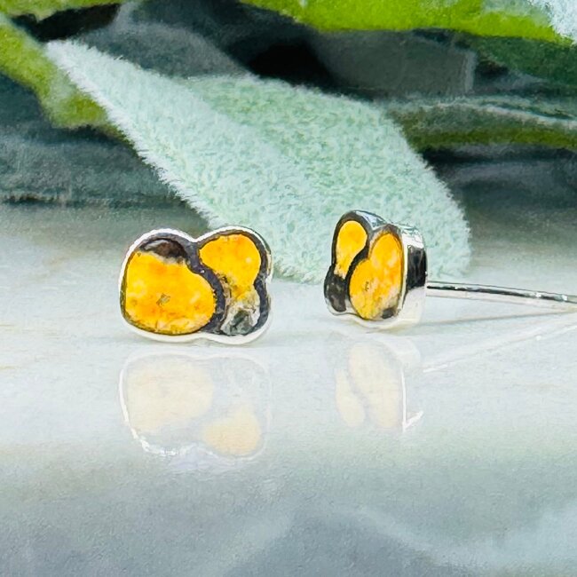 Bumblebee Jasper Earrings - Double Heart Studs Bezel Set - Sterling Silver