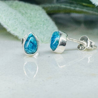 Shattuckite Earrings - Teardrop Pear Studs Bezel Set - Sterling Silver