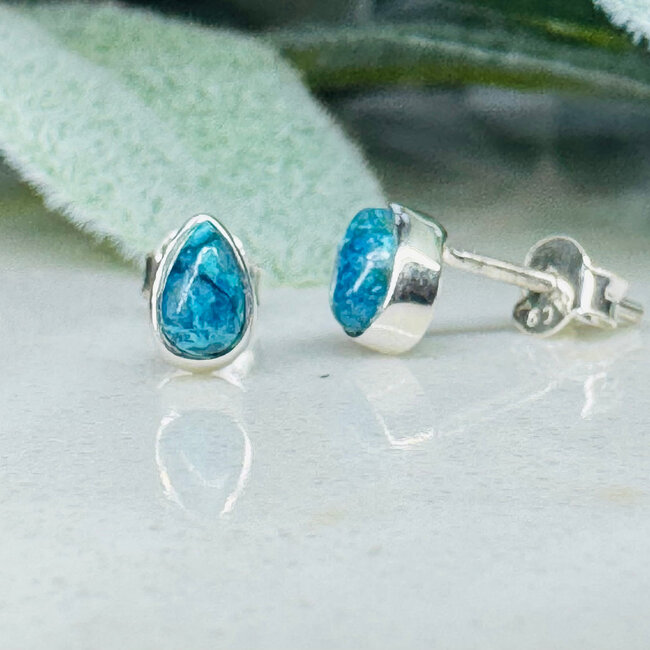 Shattuckite Earrings - Teardrop Pear Studs Bezel Set - Sterling Silver