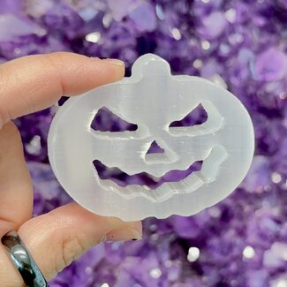Selenite (Satin Spar Gypsum) Pumpkin Jack-O-Latern Carving Figurine - 2-3"