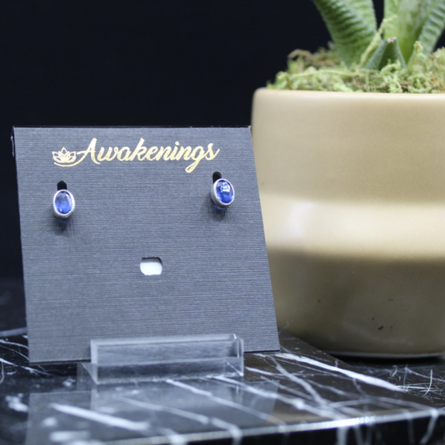 Blue Kyanite Earrings - Oval Stud Faceted Bezel Set - Sterling Silver