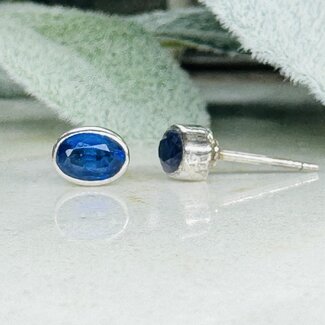 Blue Kyanite Earrings - Oval Studs Faceted - Bezel Set Sterling Silver