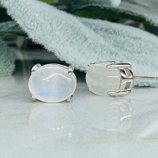Rainbow Moonstone Earrings - Oval Claw Prong Set - Sterling Silver