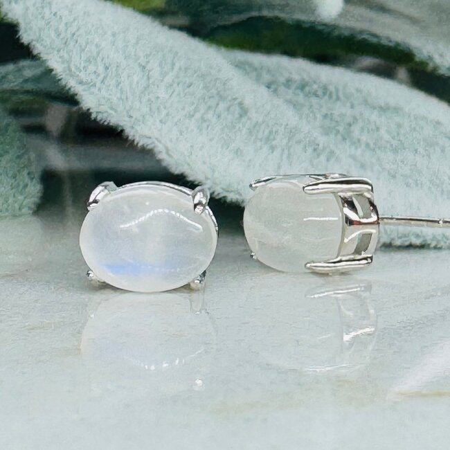 Rainbow Moonstone Earrings - Oval Claw Prong Set - Sterling Silver