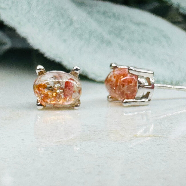Golden Sunstone Earrings - Oval Claw Prong Set - Sterling Silver