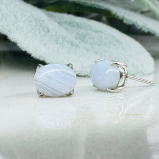 Blue Lace Agate Earrings - Oval Claw Prong Set - Sterling Silver
