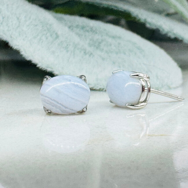 Blue Lace Agate Earrings - Oval Claw Prong Set - Sterling Silver