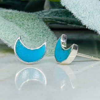 Natural Turquoise Earrings - Cresent Moon Studs Bezel Set - Sterling Silver
