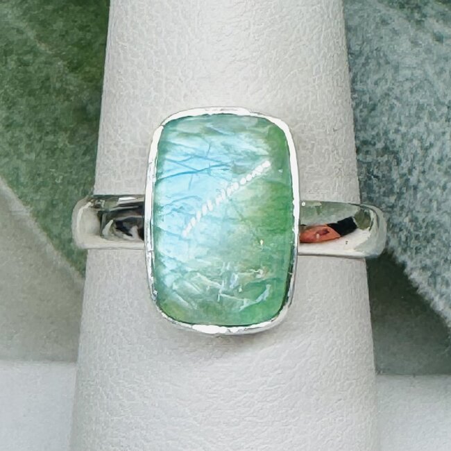 Green Moonstone (Garnierite) Rings - Size 8 Rectangle Bezel Set - Sterling Silver