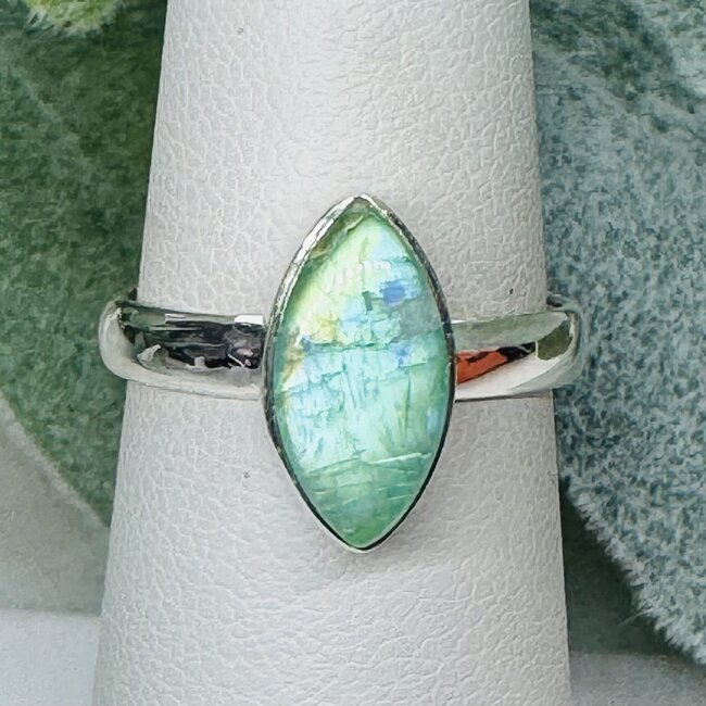 Green Moonstone (Garnierite) Rings - Size 7 Marquise Bezel Set - Sterling Silver