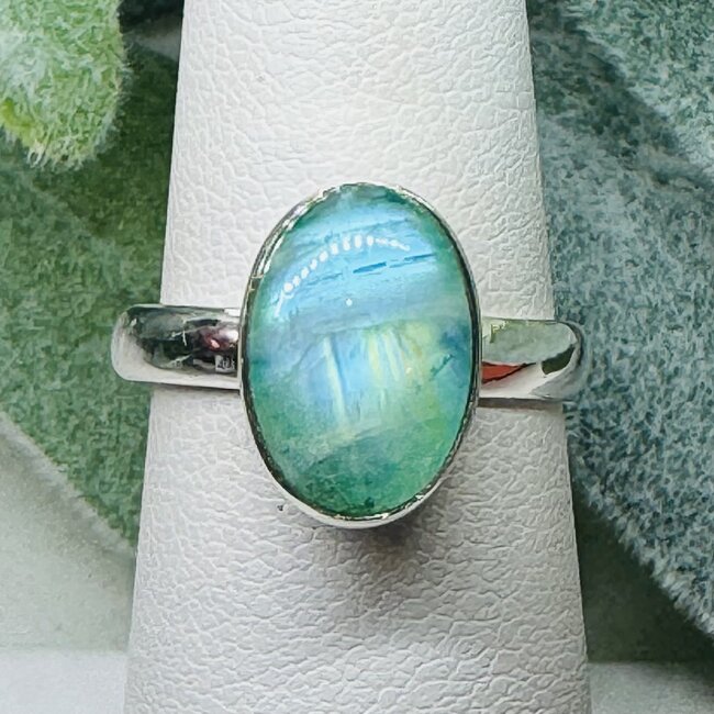 Green Moonstone (Garnierite) Rings - Size 7 Oval Bezel Set - Sterling Silver