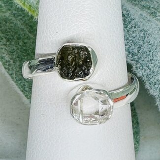 Moldavite & Herkimer Diamond Rings - Size 5-6 (Adjustable) Natural Bezel Set Two Stone - Sterling Silver Rough Raw