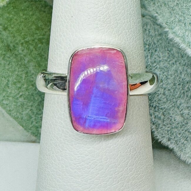 Pink Moonstone Rings -Size 8 Rectangle Bezel Set - Sterling Silver