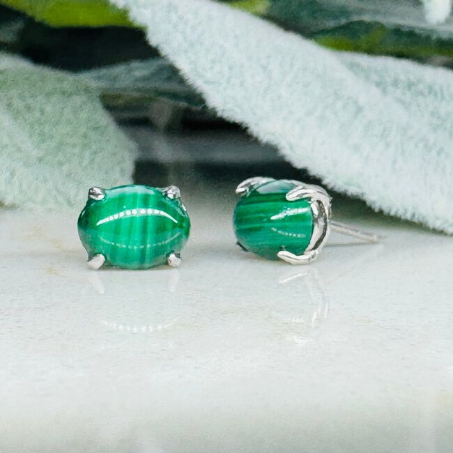 Malachite Earrings - Oval Claw Prong Set - Sterling Silver