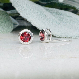 Red Garnet Earrings - Round Circle Bezel Set - Sterling Silver