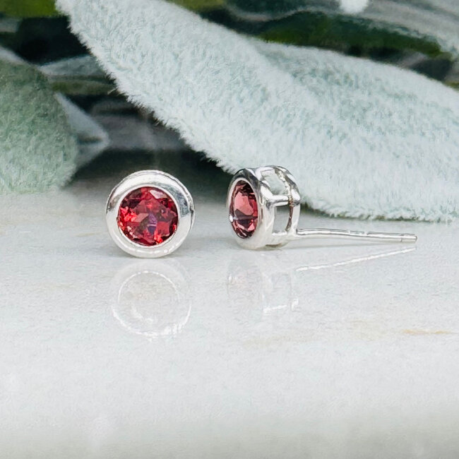 Red Garnet Earrings - Round Circle Bezel Set - Sterling Silver