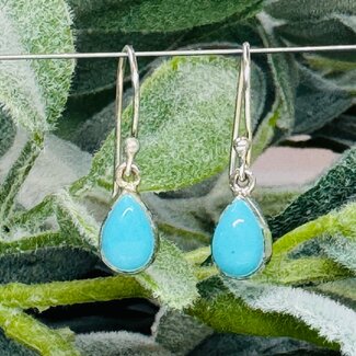 Natural Turquoise Earrings - Dangle Drop Teardrop Pear Bezel Set - Sterling Silver
