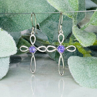Amethyst Earrings - Cross Dangle Drop Circle Round Faceted Claw Prong Set - Sterling Silver
