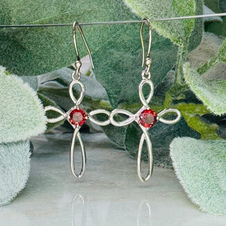 Red Garnet Earrings - Cross Dangle Drop Circle Round Faceted Claw Prong Set - Sterling Silver