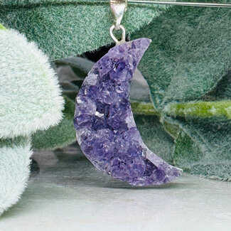 Amethyst Pendants - Druzy Crescent Moon - Silver Plated Rough Raw Natural