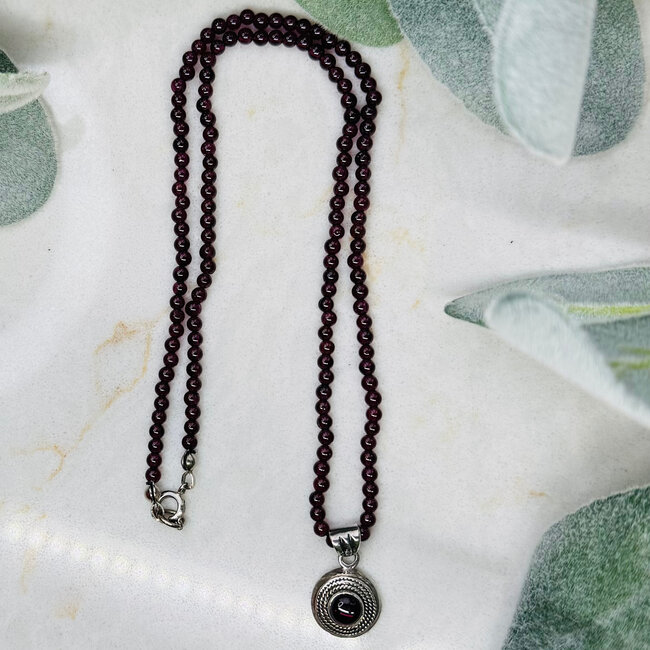 Garnet Necklace - 4mm Beaded Round Medallion Pendant - Sterling Silver