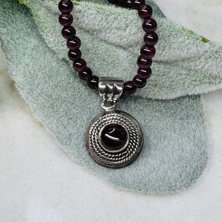 Garnet Necklace - 4mm Beaded Round Medallion Pendant - Sterling Silver