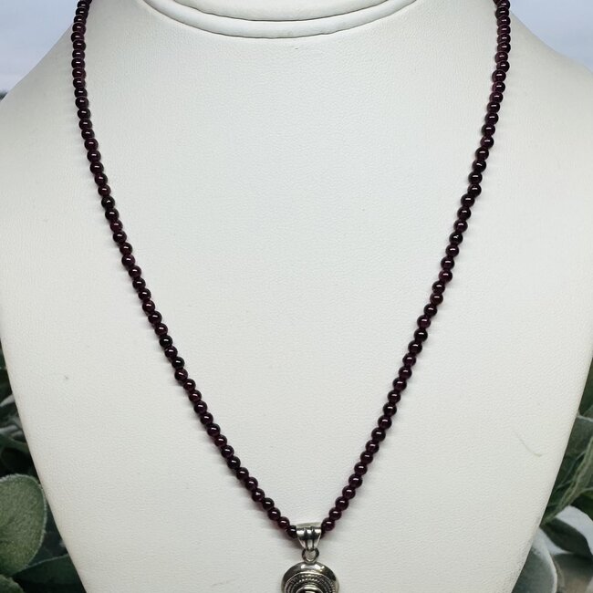 Garnet Necklace - 4mm Beaded Round Medallion Pendant - Sterling Silver