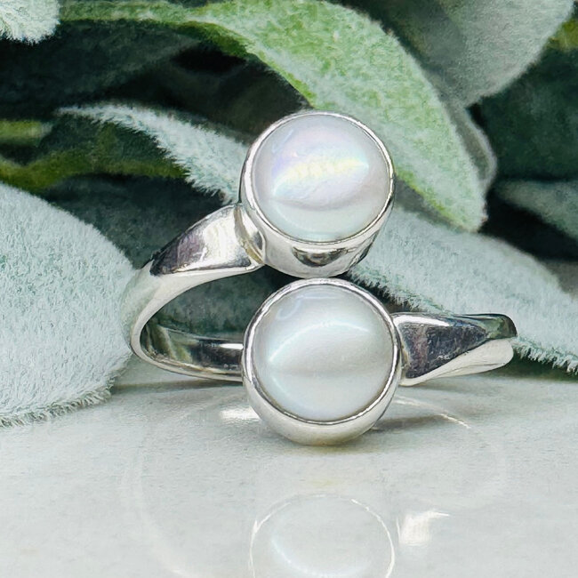 Pearl Rings - Size 10-12 (Adjustable) Two Stoned Bezel Set - Sterling Silver