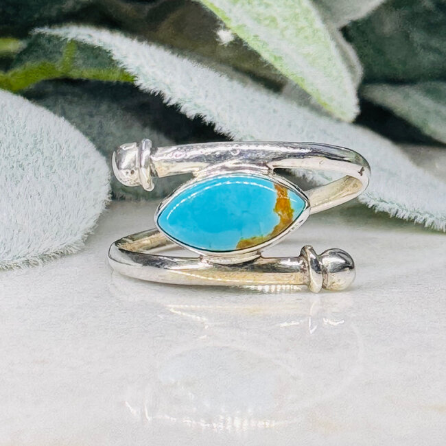 Natural Turquoise Rings - Size 10 Marquise Bezel Set Double Band - Sterling Silver