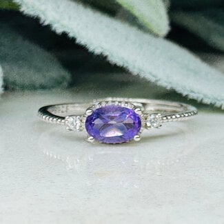Amethyst Rings - Adjustable Oval Faceted Claw Prong Set - Deco Band Sterling Silver