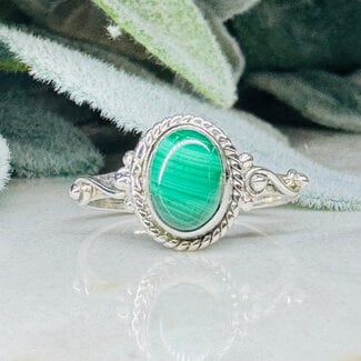 Malachite Rings - Size 8 Oval Bezel Set - Filigree Band Sterling Silver