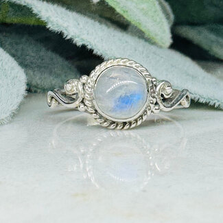 Rainbow Moonstone Rings - Size 9 Oval Bezel Set - Filigree Band Sterling Silver