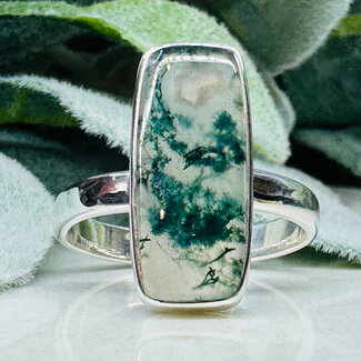 Moss Agate Rings - Size 12 Rectangle Bezel Set - Sterling Silver