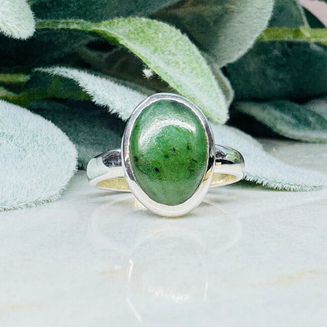 Nephrite Jade Rings  - Size 9 Oval Bezel Set - Sterling Silver