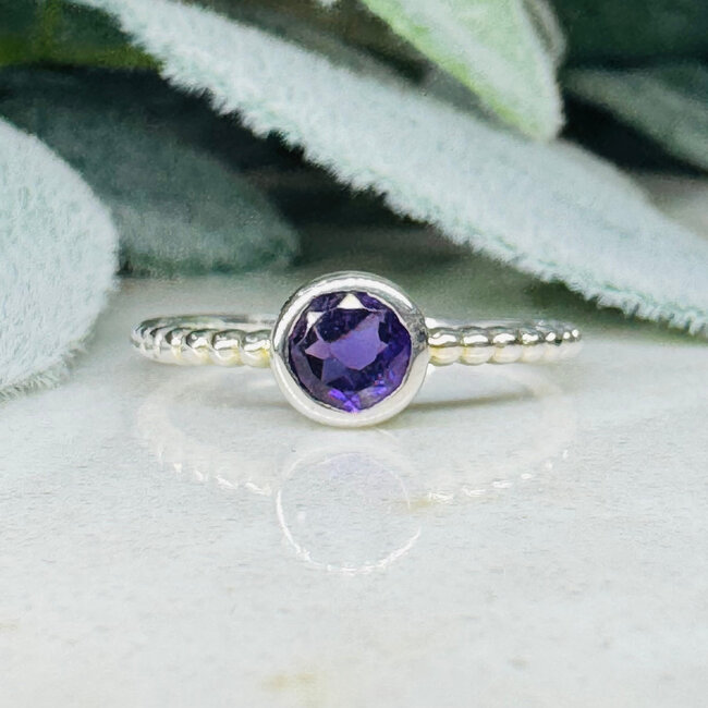 Amethyst Rings - Size 7 Round Faceted Bezel Set - Braided Band Sterling Silver