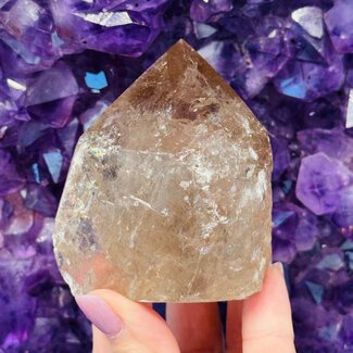 Smoky (Smokey) Rough Point Tower Generator (Rainbow Inclusion)- Medium Raw Natural