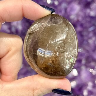 Smoky (Smokey) Quartz Palm Pillow Pocket Stone with Rainbow Inclusions - Large