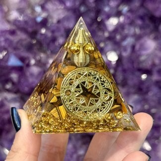Gold Tigers Eye Orgonite Orgone Pyramid Medium (2") - Double Copper Spiral Energy Generator EMF Blocker Sacred Geometry