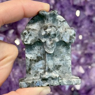 Black Labradorite (Larvikite) Tombstone Gravestone with Skull and Cross Carving Figurine - 2"